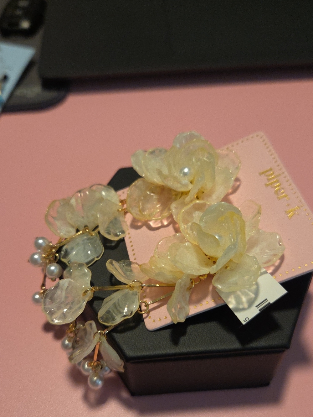 Piper K  Gold-Tone Ivory Floral Resin Drop Earrings with Pearl Accents - Picture 11 of 11